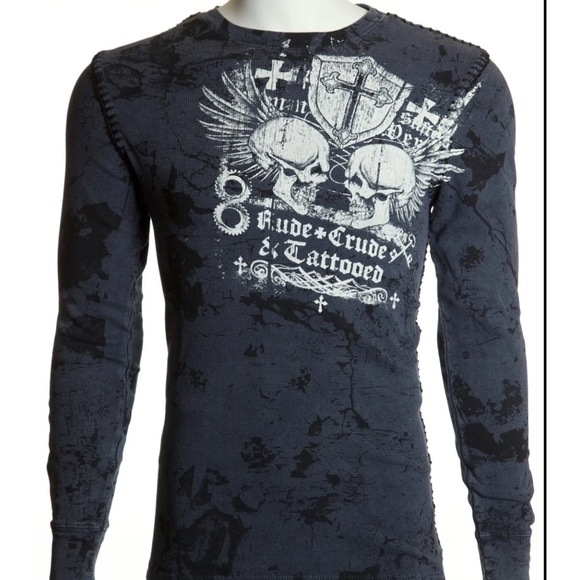 Archaic by Affliction Men's Thermal Shirt CRUDE Skull Biker Charcoal - Picture 5 of 9